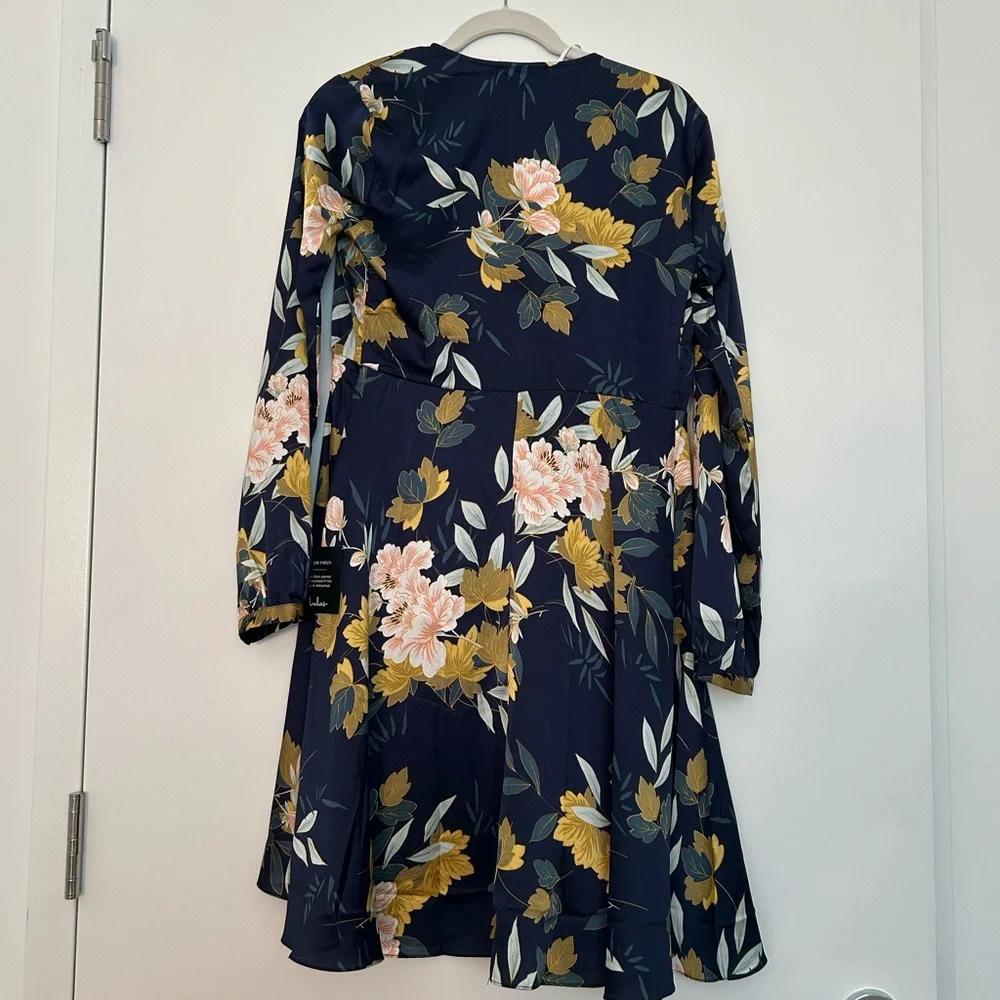 Lulu's Elegant Navy Floral Satin Dress - Picture 4 of 5